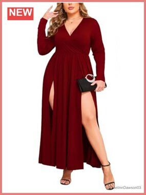 Plus Size Double High Slit Maxi Dress Wrap V-Neck Long Sleeve A-Line Formal